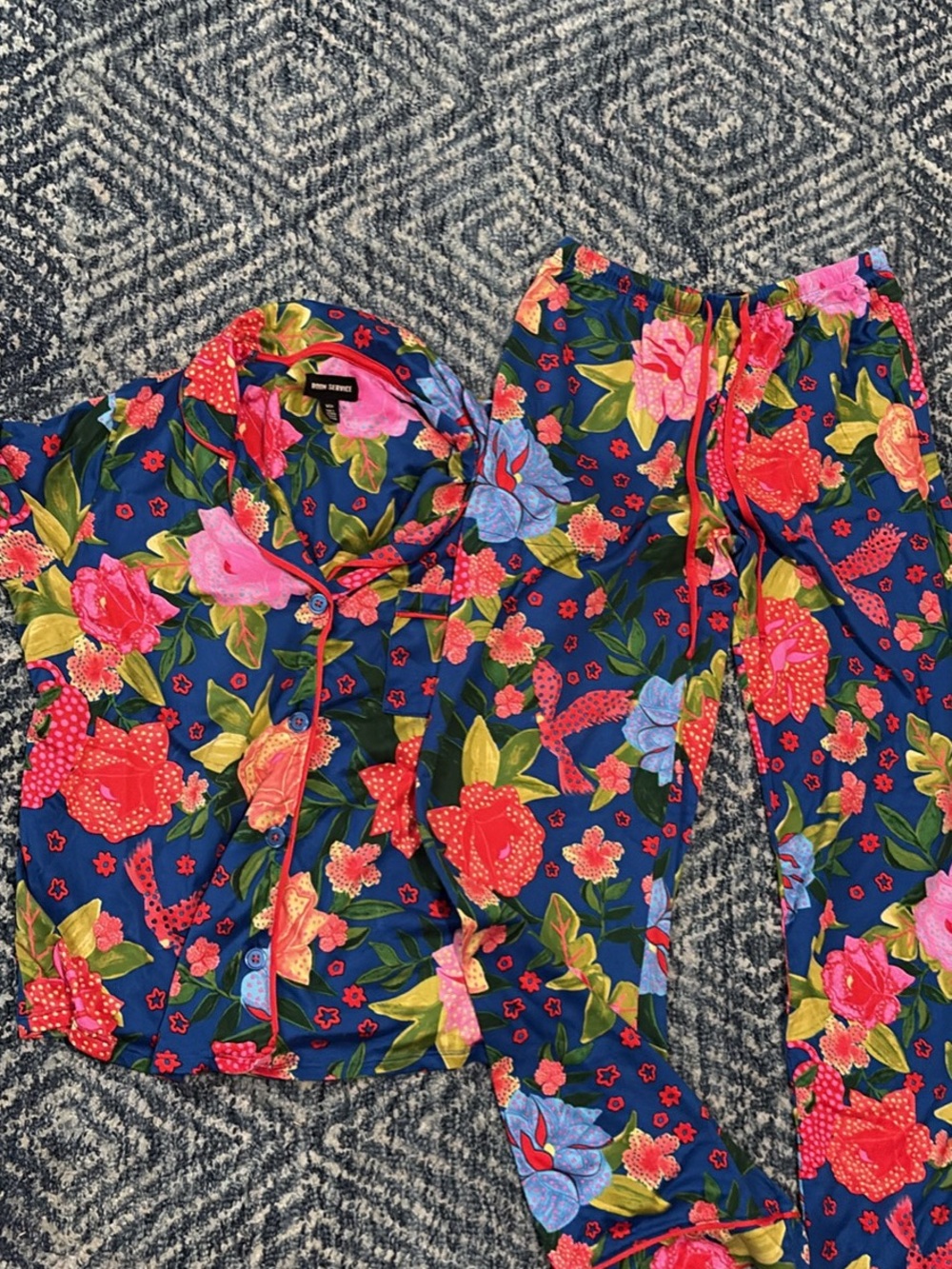 Room Service Floral Button-Up Pajama Set in Royal Blue with Bright Blooms